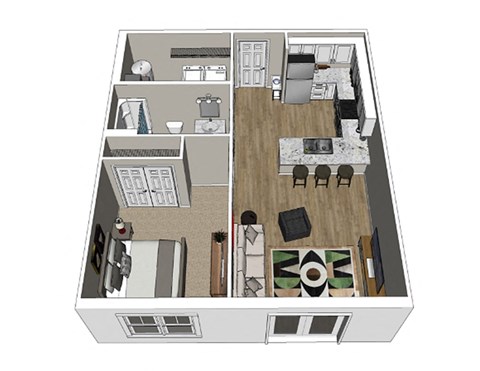 A 3D floor plan of a house with a kitchen, living room, dining room, and bathroom.